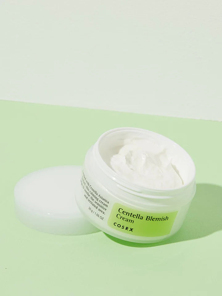 Image of COSRX Centella Blemish Cream, a Korean skincare spot treatment formulated with centella asiatica to soothe and heal the skin. This anti-inflammatory and non-drying cream is non-irritating and perfect for all skin types."