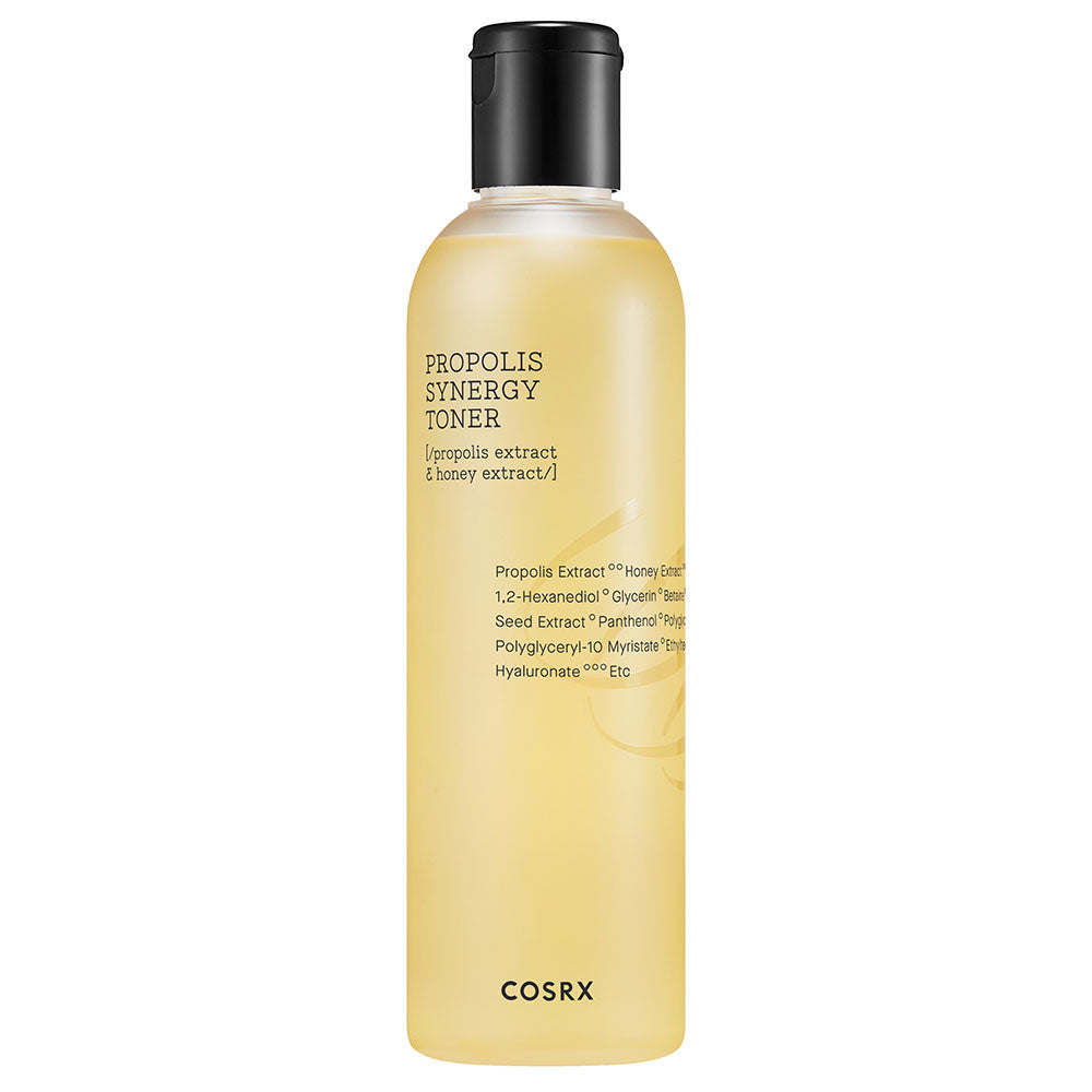 Image of COSRX Full Fit Propolis Synergy Toner, a Korean skincare product formulated with propolis to provide nourishing and moisturizing benefits. This hydrating and anti-inflammatory toner is perfect for all skin types and is non-irritating."