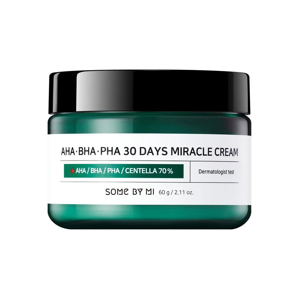 Image of Some By Mi AHA BHA PHA 30 Days Miracle Cream, a Korean skincare cream specially formulated for acne-prone skin. Featuring AHA/BHA/PHA and natural ingredients, this miracle cream gently exfoliates, renews, hydrates, and brightens the skin for a clearer and more radiant complexion