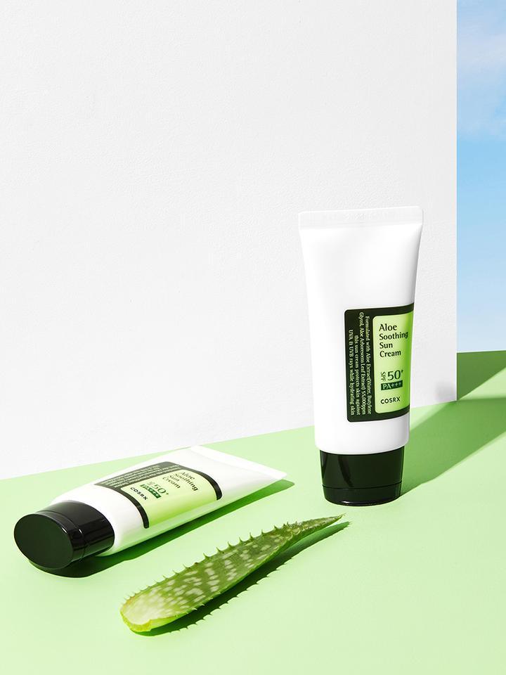 Image of COSRX Aloe Soothing Sun Cream, a Korean skincare sunscreen formulated with aloe vera for moisturizing and soothing sun protection. This non-greasy and lightweight sunscreen also contains antioxidant-rich ingredients for added benefits.