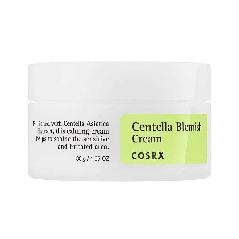 Centella Blemish CreamImage of COSRX Centella Blemish Cream, a Korean skincare spot treatment formulated with centella asiatica to soothe and heal the skin. This anti-inflammatory and non-drying cream is non-irritating and perfect for all skin types."