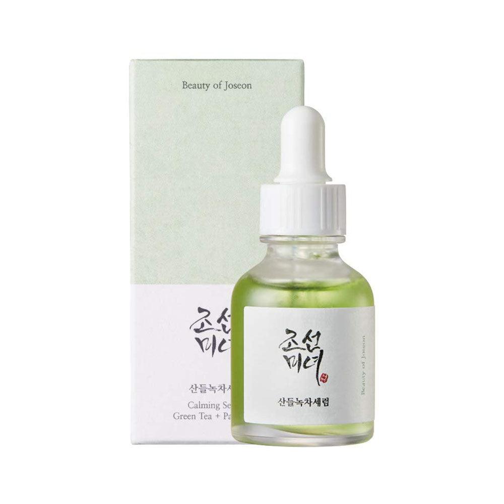 Image of Beauty of Joseon Calming Serum, a Korean skincare product that soothes and nourishes the skin with green tea and panthenol for calming and anti-aging benefits. This serum provides soothing hydration for a revitalized and healthy-looking complexion.