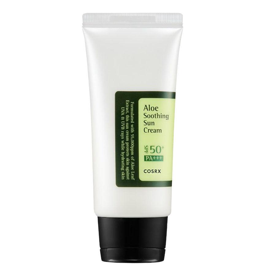 Image of COSRX Aloe Soothing Sun Cream, a Korean skincare sunscreen formulated with aloe vera for moisturizing and soothing sun protection. This non-greasy and lightweight sunscreen also contains antioxidant-rich ingredients for added benefits.