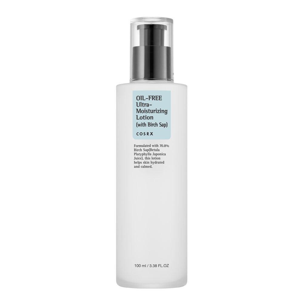 Image of COSRX Oil-Free Ultra Moisturizing Lotion, a Korean skincare product that is oil-free, lightweight, and non-greasy. This moisturizing and hydrating lotion is perfect for all skin types and is formulated with birch sap for long-lasting moisture