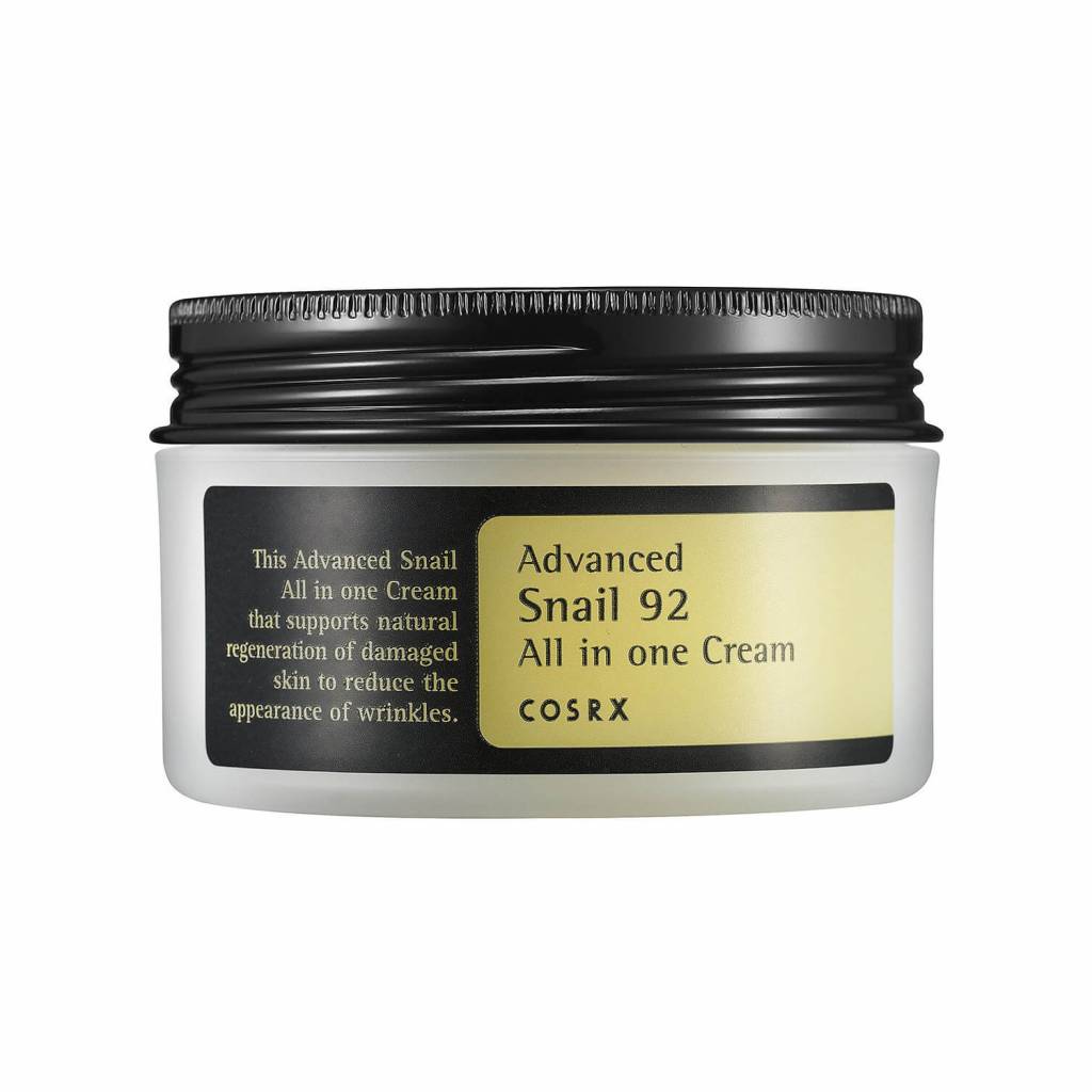 Image of COSRX Advanced Snail 92 All in One Cream, a Korean skincare product featuring snail mucin for hydration, repair, and anti-aging benefits. This all-in-one cream provides nourishing and brightening effects, perfect for achieving healthy and radiant skin."