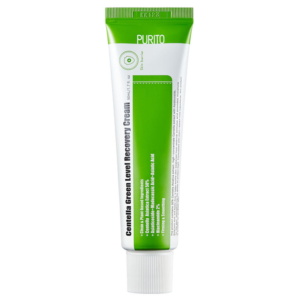 Purito Centella Green Level Recovery Cream, a nourishing cream for sensitive skin with Centella Asiatica to strengthen the skin barrier and provide deep hydration and nourishment.