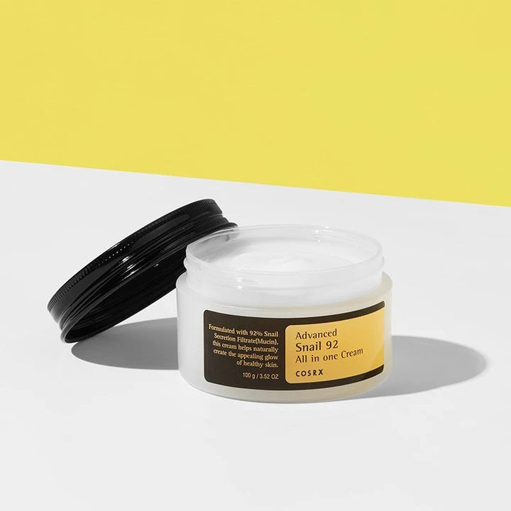 Image of COSRX Advanced Snail 92 All in One Cream, a Korean skincare product featuring snail mucin for hydration, repair, and anti-aging benefits. This all-in-one cream provides nourishing and brightening effects, perfect for achieving healthy and radiant skin."