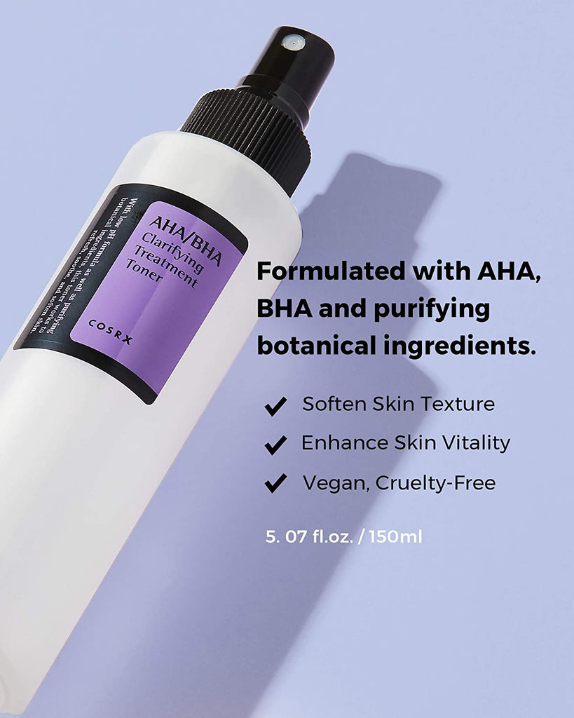 Image of COSRX AHA/BHA Clarifying Treatment Toner, a Korean skincare toner specially formulated for combination skin. Featuring AHA/BHA and natural ingredients, this clarifying toner gently exfoliates, renews, hydrates, and balances the skin tone for a smoother and more radiant complexion.